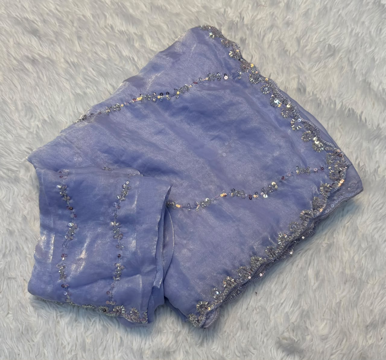 Premium Fandy Satin Silk Saree with Fancy Beads Handwork – Designer Beads Work Blouse