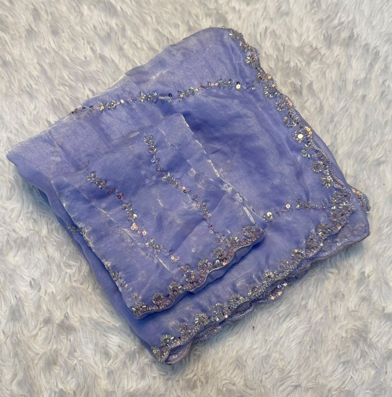Premium Fandy Satin Silk Saree with Fancy Beads Handwork – Designer Beads Work Blouse