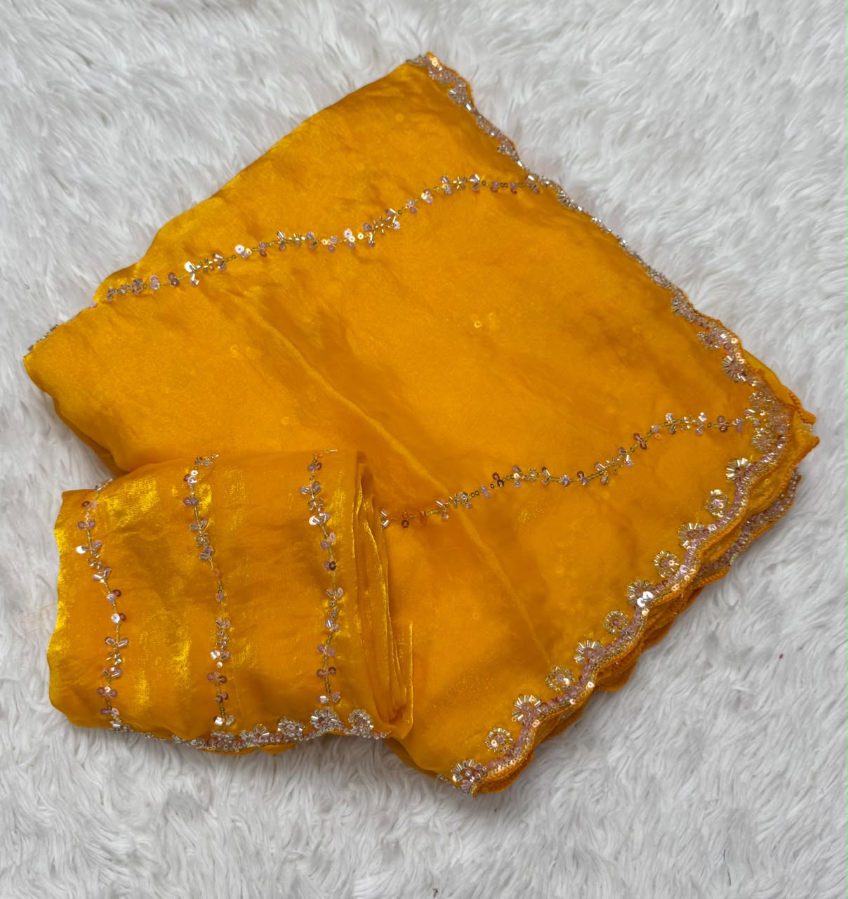 Premium Fandy Satin Silk Saree with Fancy Beads Handwork – Designer Beads Work Blouse