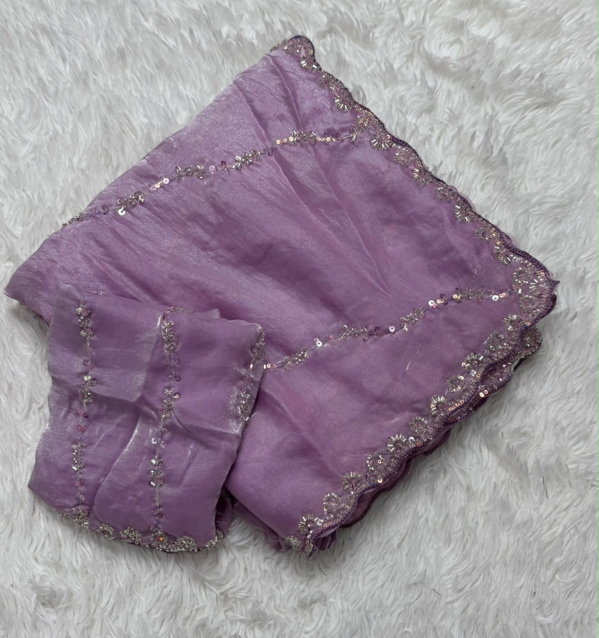 Premium Fandy Satin Silk Saree with Fancy Beads Handwork – Designer Beads Work Blouse