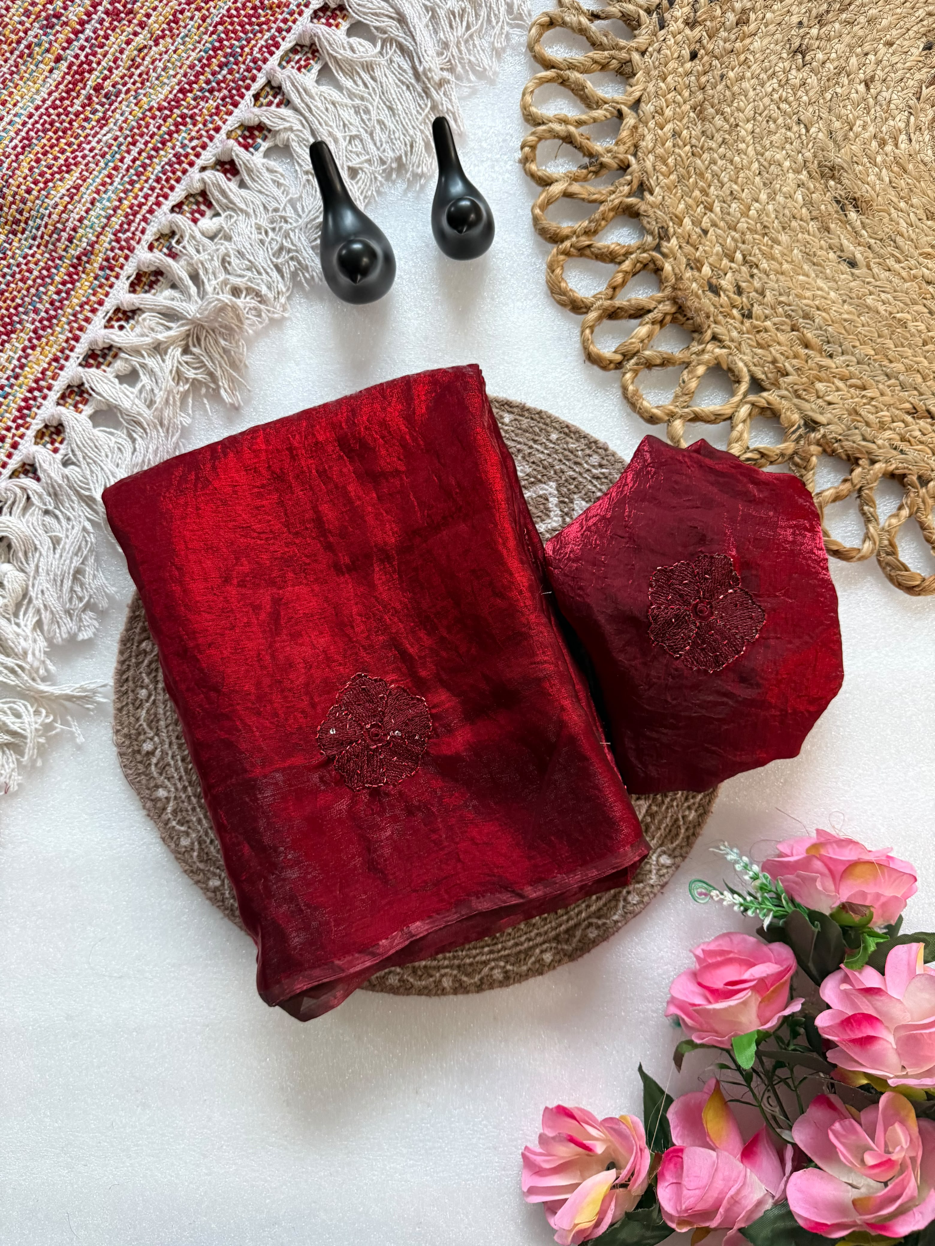 Premium Pure Space Fendy Silk Saree with Flower Butti Embroidery – Designer Running Blouse Collection