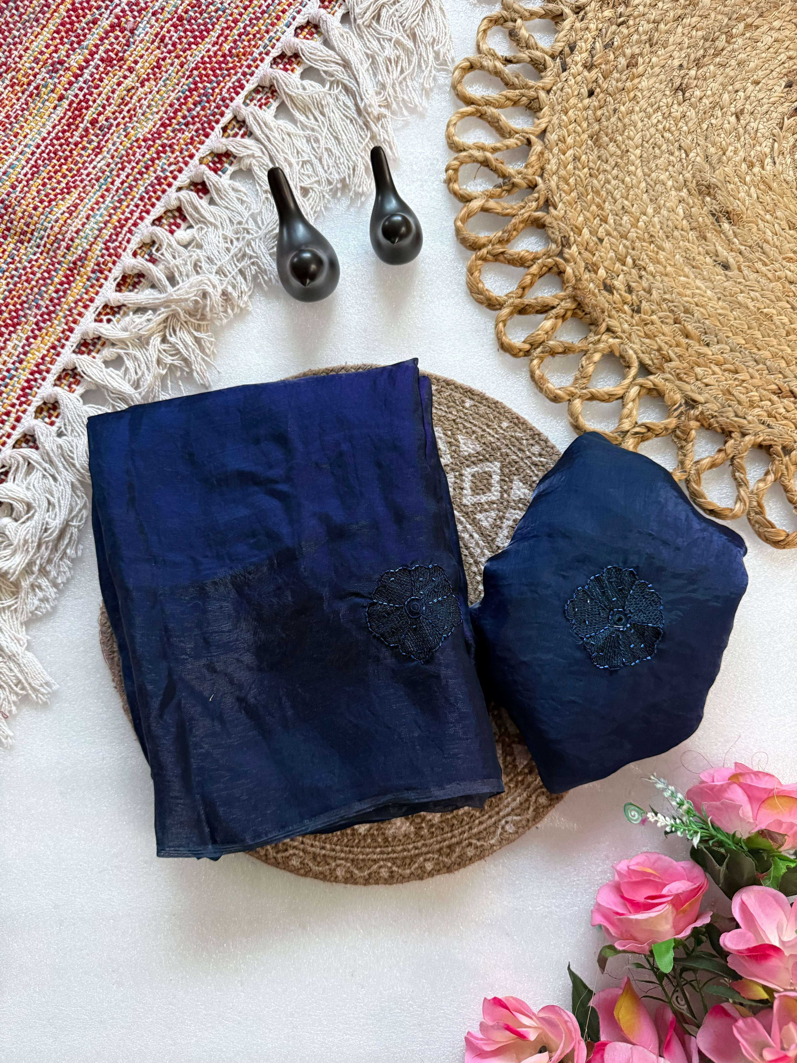 Premium Pure Space Fendy Silk Saree with Flower Butti Embroidery – Designer Running Blouse Collection