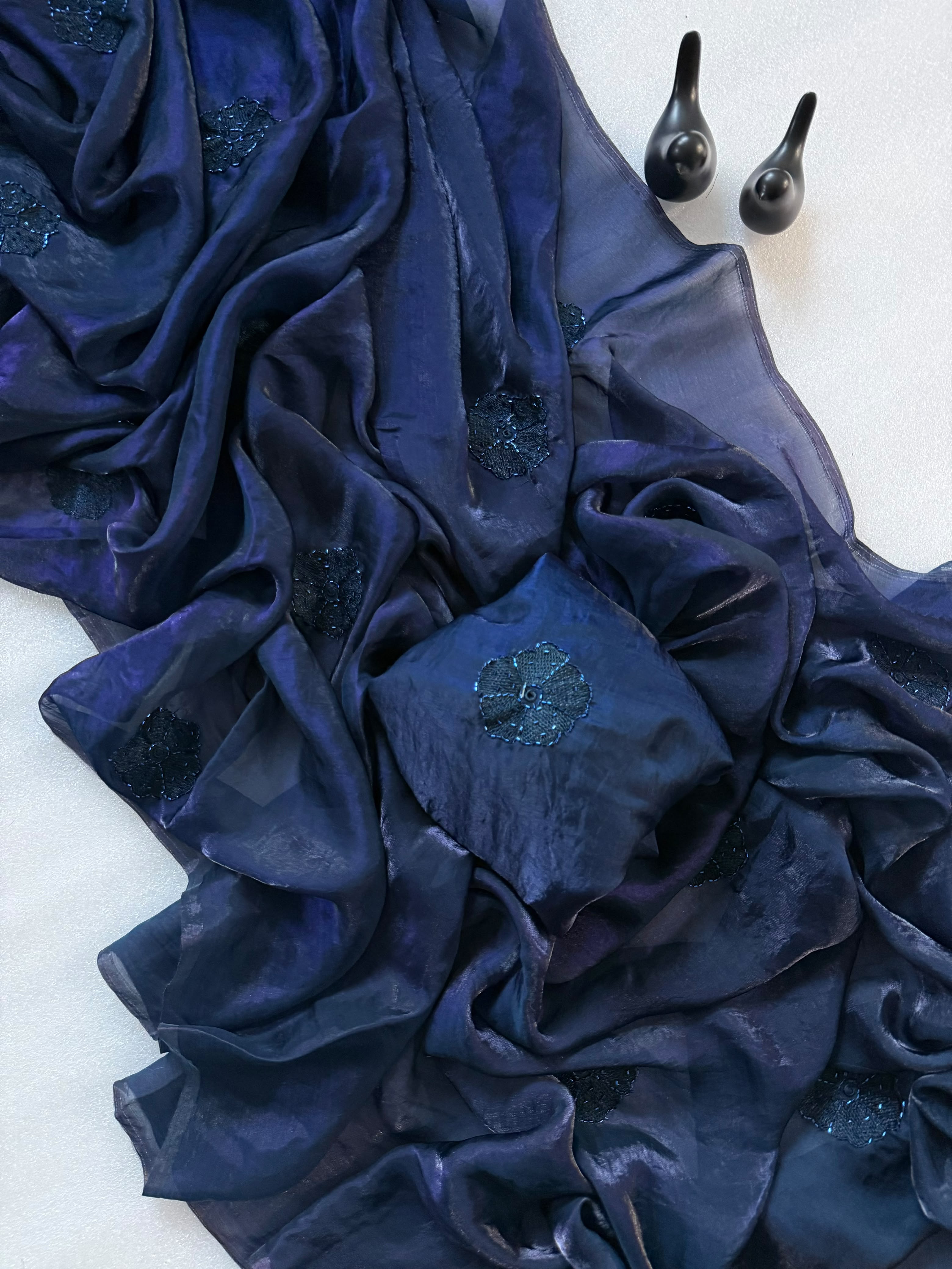 Premium Pure Space Fendy Silk Saree with Flower Butti Embroidery – Designer Running Blouse Collection