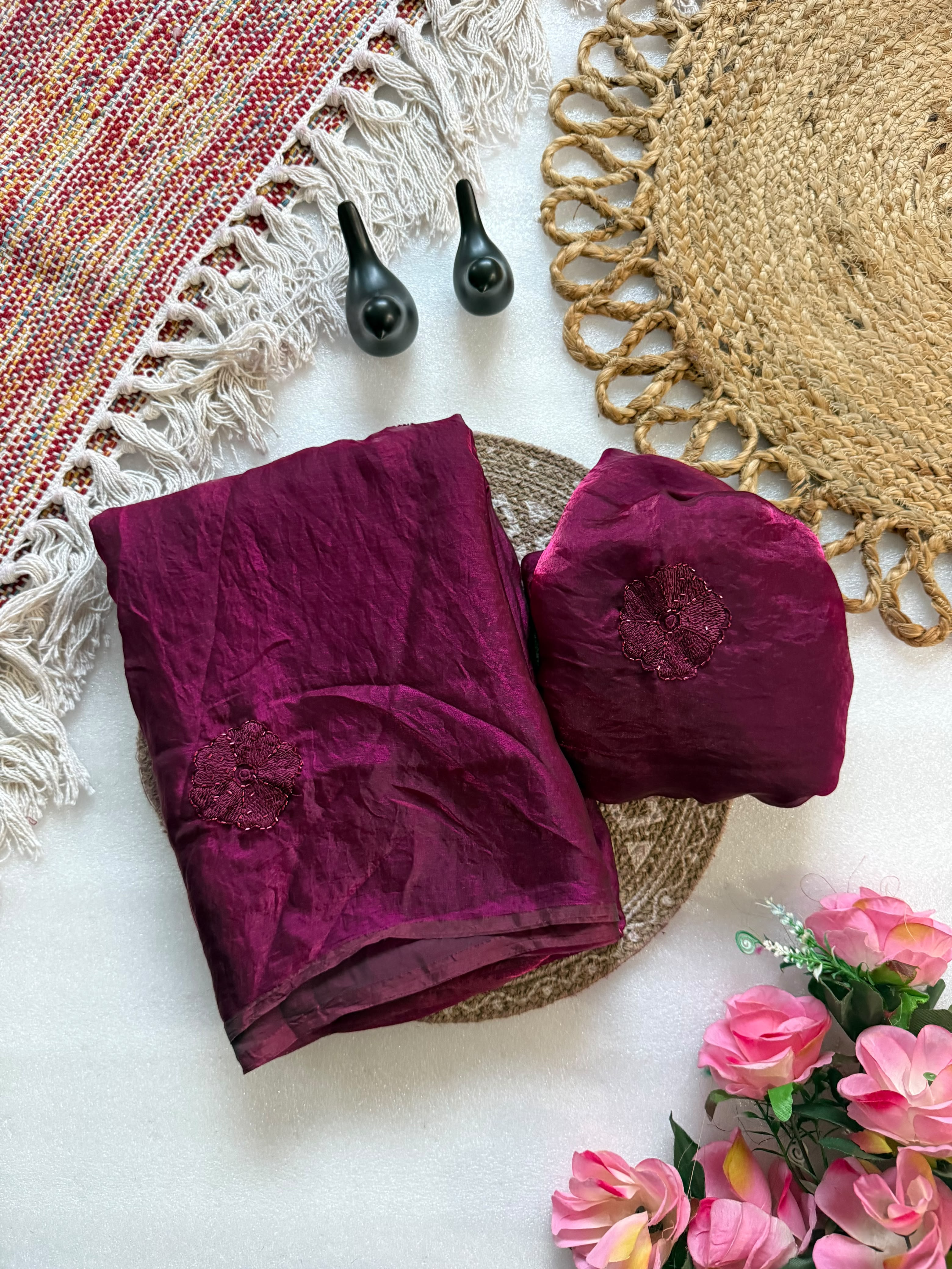 Premium Pure Space Fendy Silk Saree with Flower Butti Embroidery – Designer Running Blouse Collection