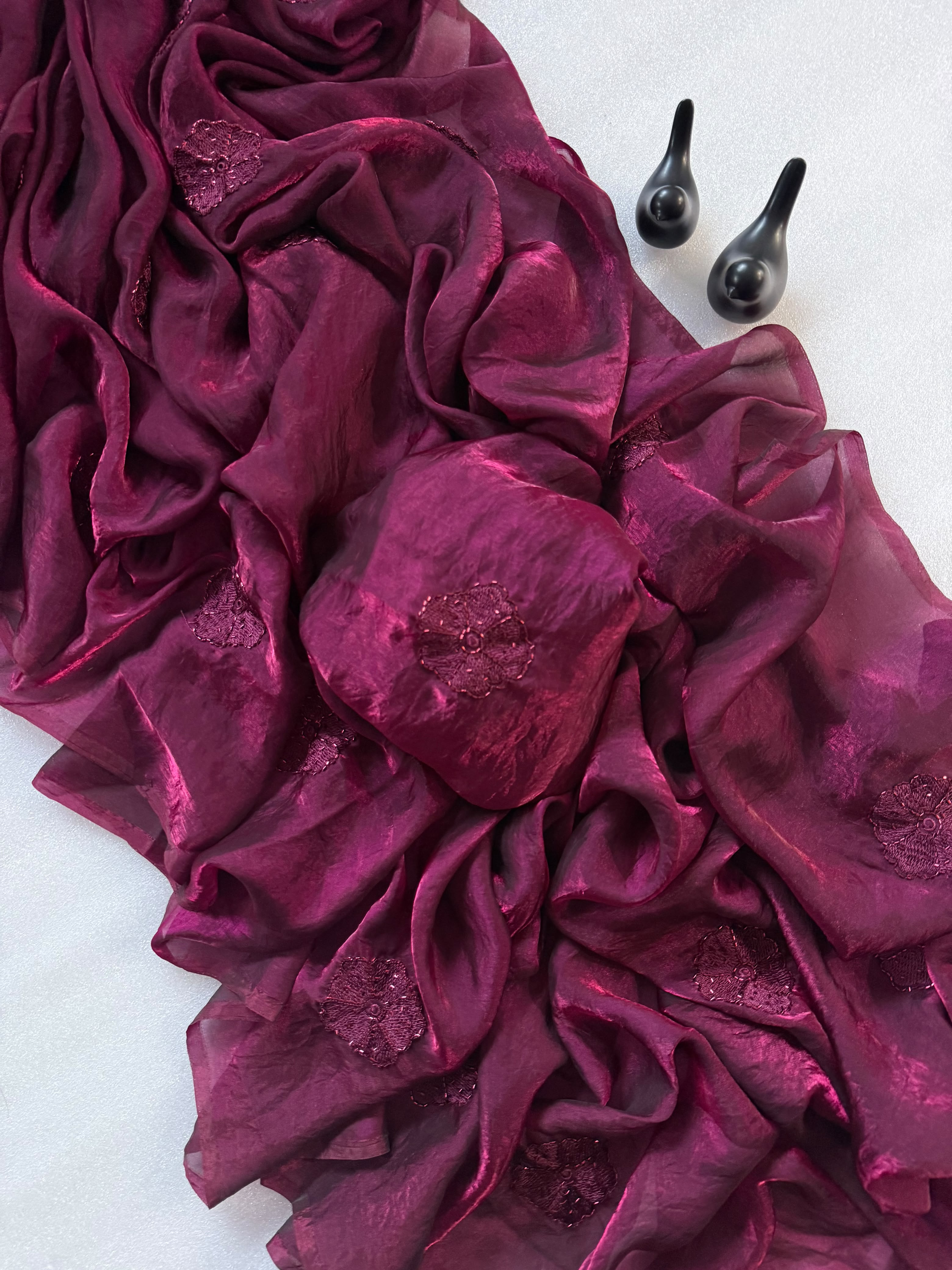Premium Pure Space Fendy Silk Saree with Flower Butti Embroidery – Designer Running Blouse Collection