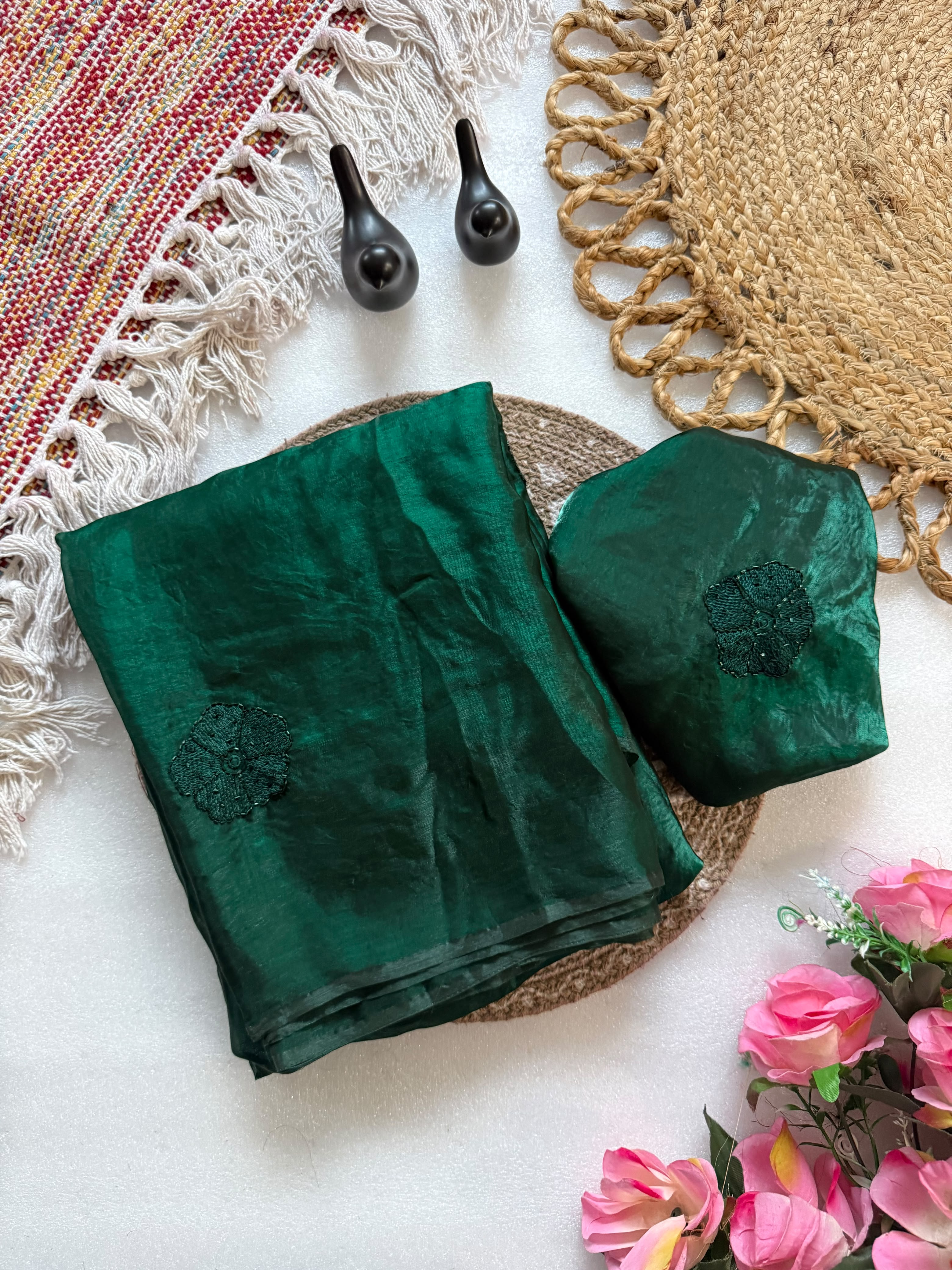Premium Pure Space Fendy Silk Saree with Flower Butti Embroidery – Designer Running Blouse Collection