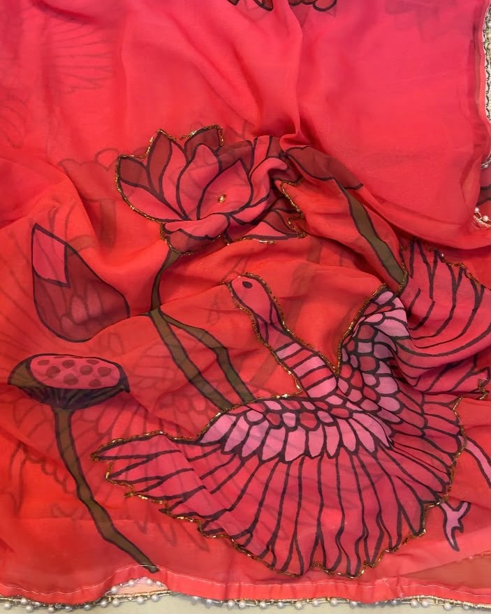 Premium Soft Georgette Silk Saree with Val Moti Handwork – Designer Floral Digital Print Collection