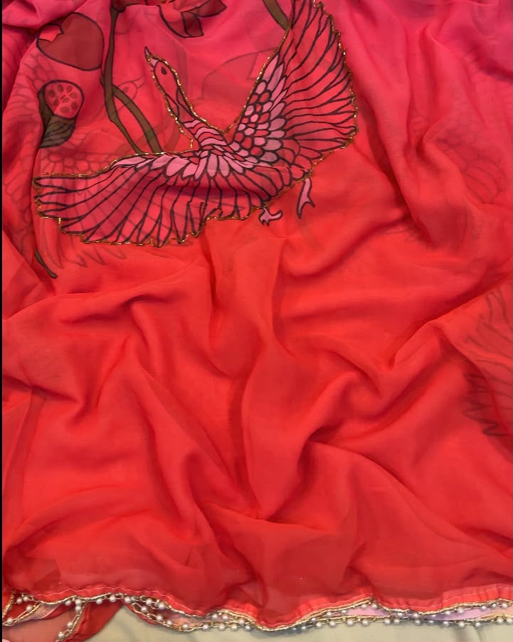 Premium Soft Georgette Silk Saree with Val Moti Handwork – Designer Floral Digital Print Collection