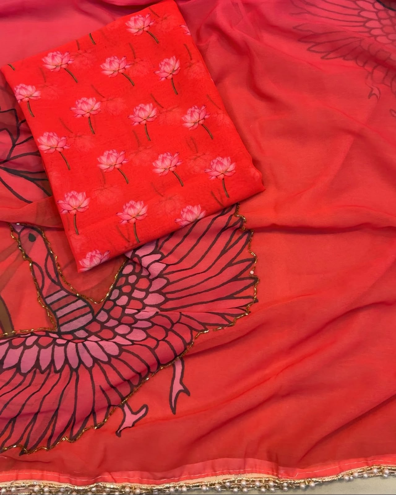 Premium Soft Georgette Silk Saree with Val Moti Handwork – Designer Floral Digital Print Collection