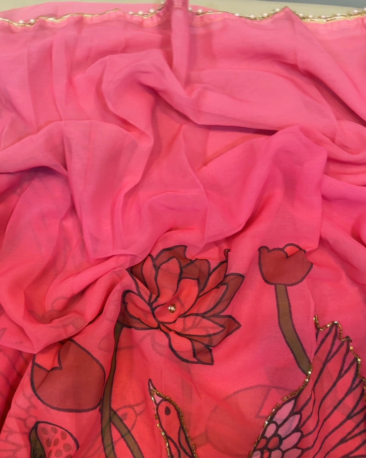 Premium Soft Georgette Silk Saree with Val Moti Handwork – Designer Floral Digital Print Collection