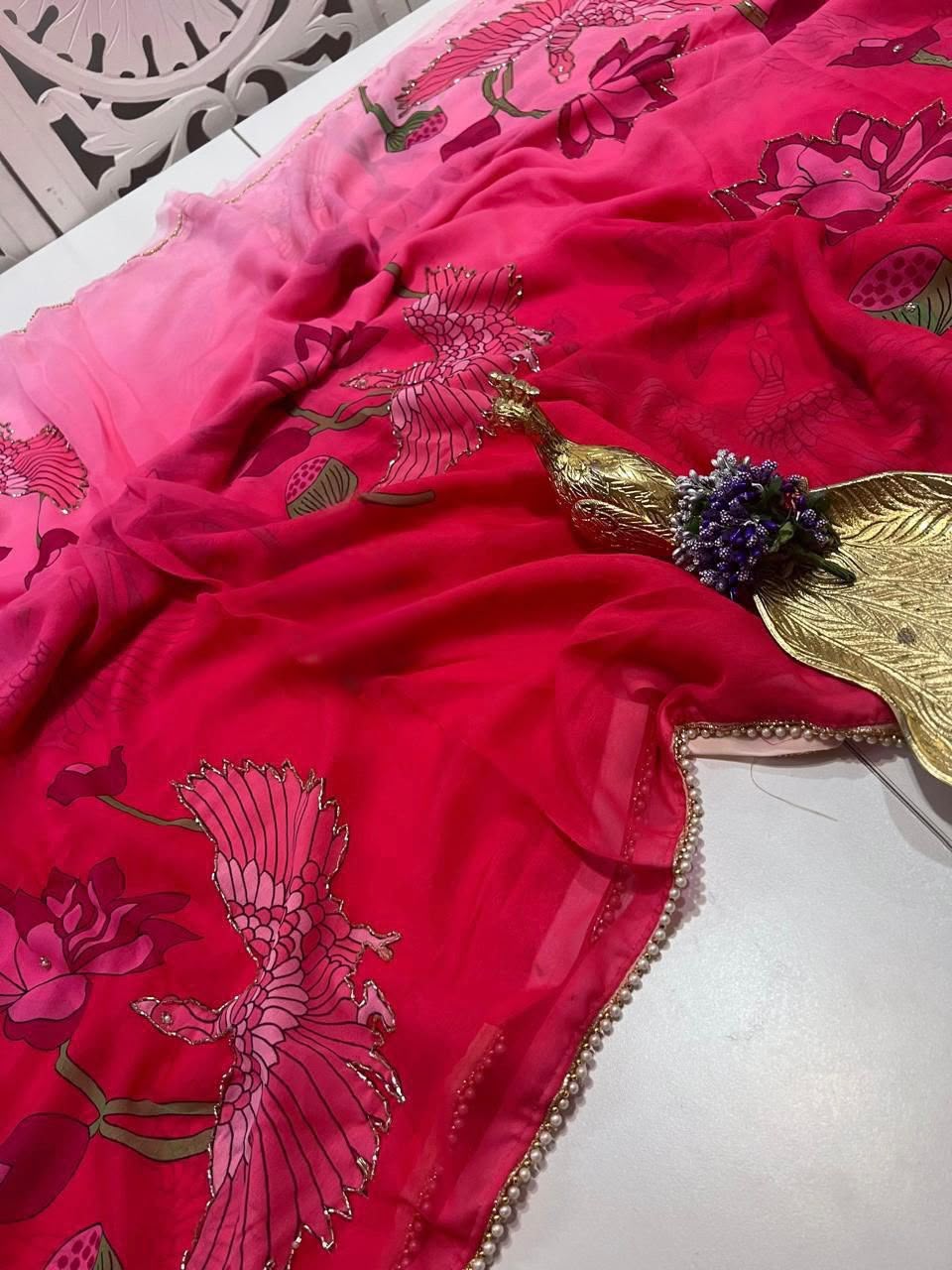 Premium Soft Georgette Silk Saree with Val Moti Handwork – Designer Floral Digital Print Collection