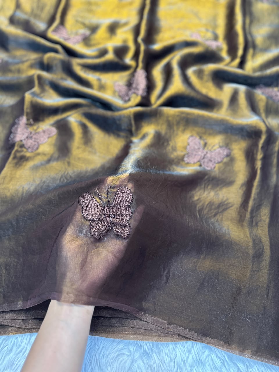 Premium Pure Space Fendy Silk Saree with Butterfly Butti Embroidery – Designer Running Blouse