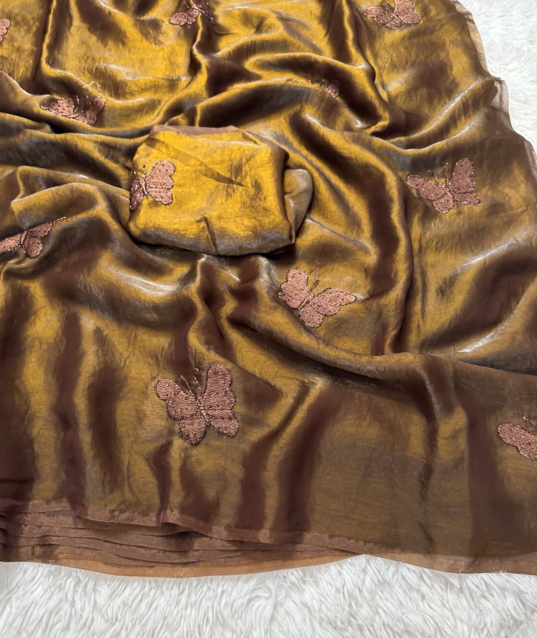 Premium Pure Space Fendy Silk Saree with Butterfly Butti Embroidery – Designer Running Blouse