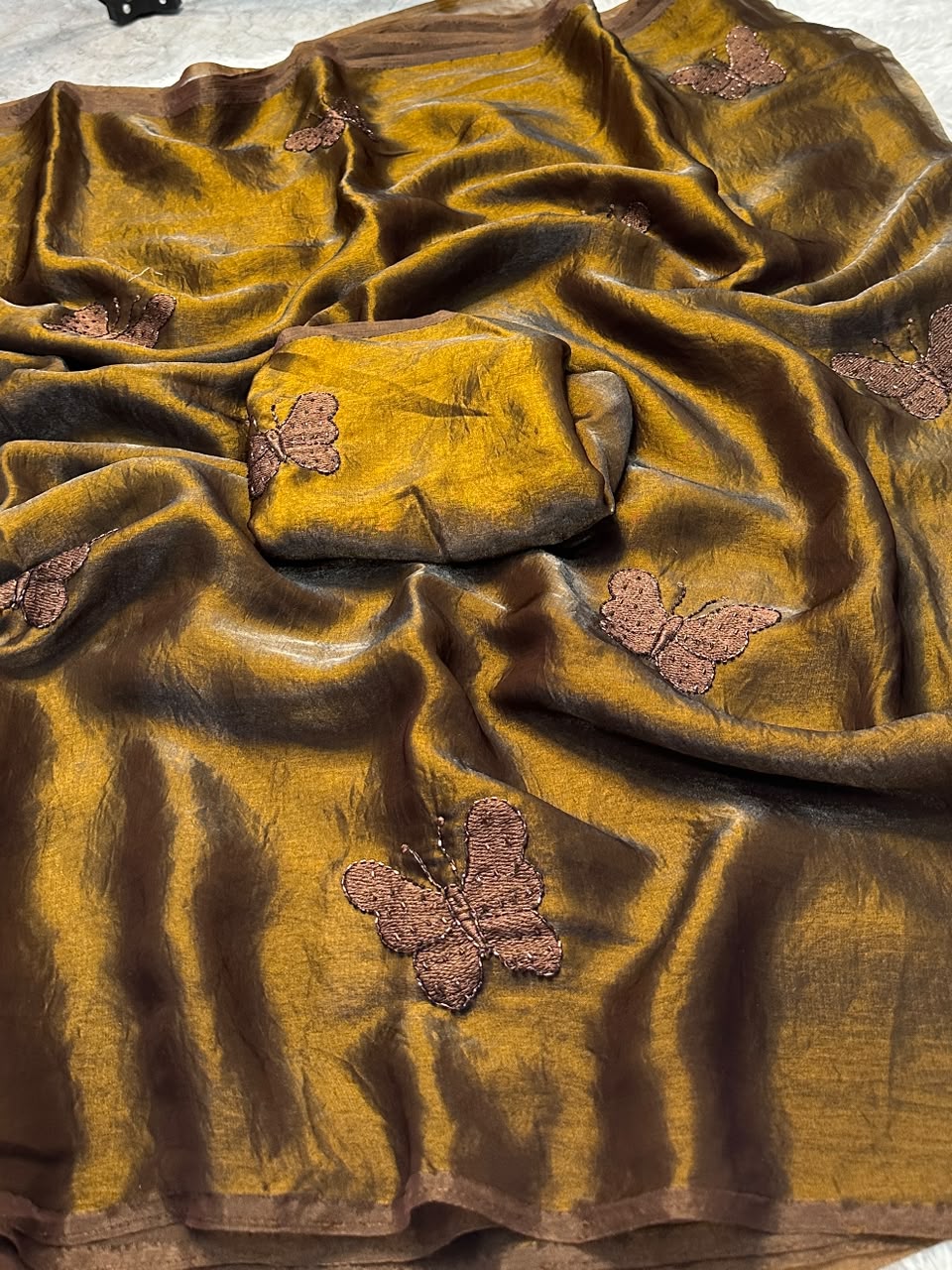 Premium Pure Space Fendy Silk Saree with Butterfly Butti Embroidery – Designer Running Blouse