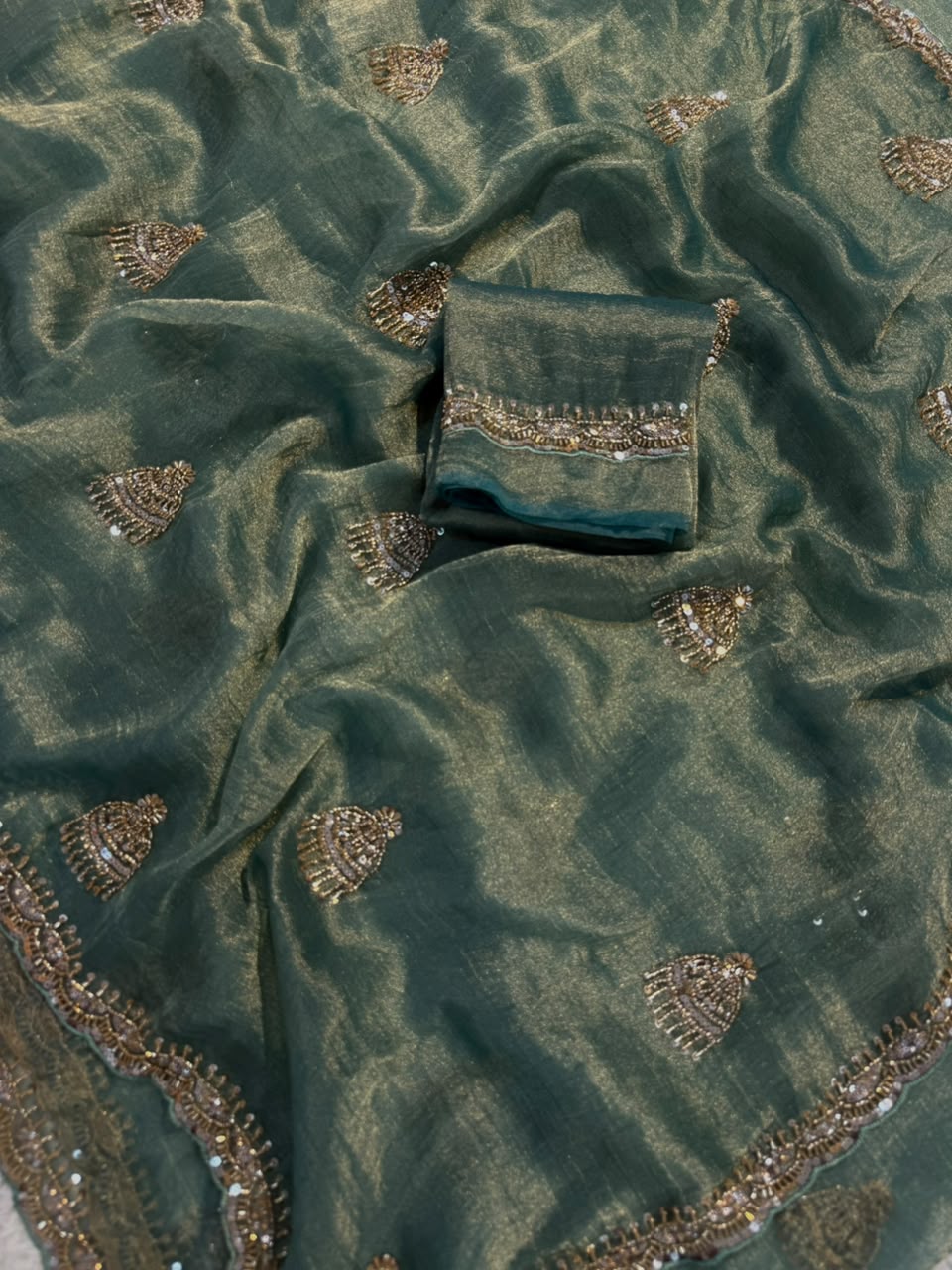 Premium Muted Green Tissue Fabric Saree with Zari Butta Work – Designer Festival Collection
