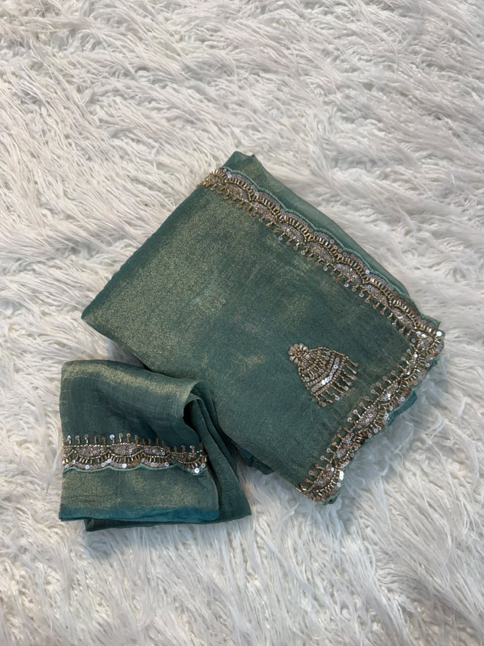 Premium Muted Green Tissue Fabric Saree with Zari Butta Work – Designer Festival Collection