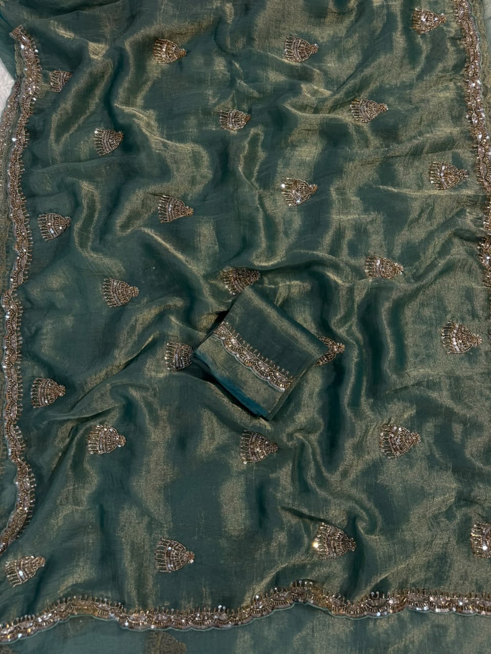 Premium Muted Green Tissue Fabric Saree with Zari Butta Work – Designer Festival Collection