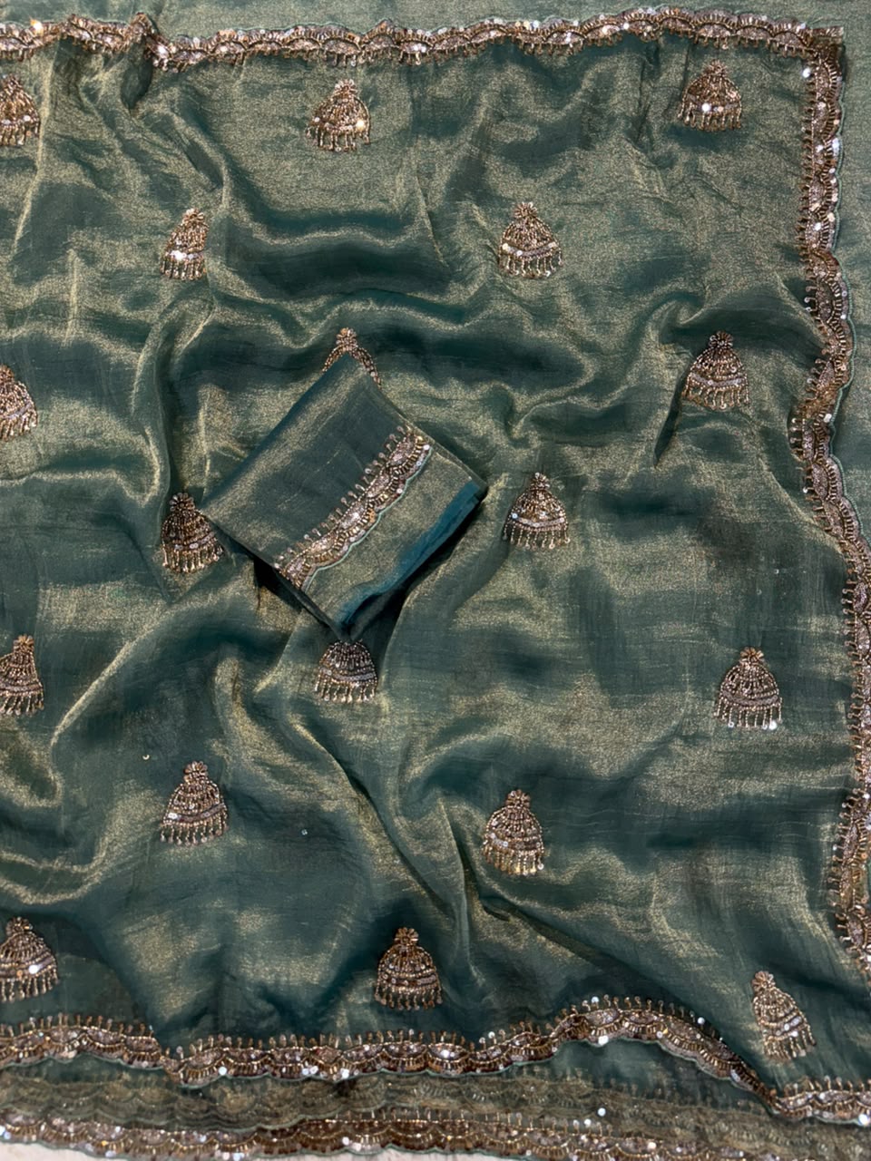 Premium Muted Green Tissue Fabric Saree with Zari Butta Work – Designer Festival Collection