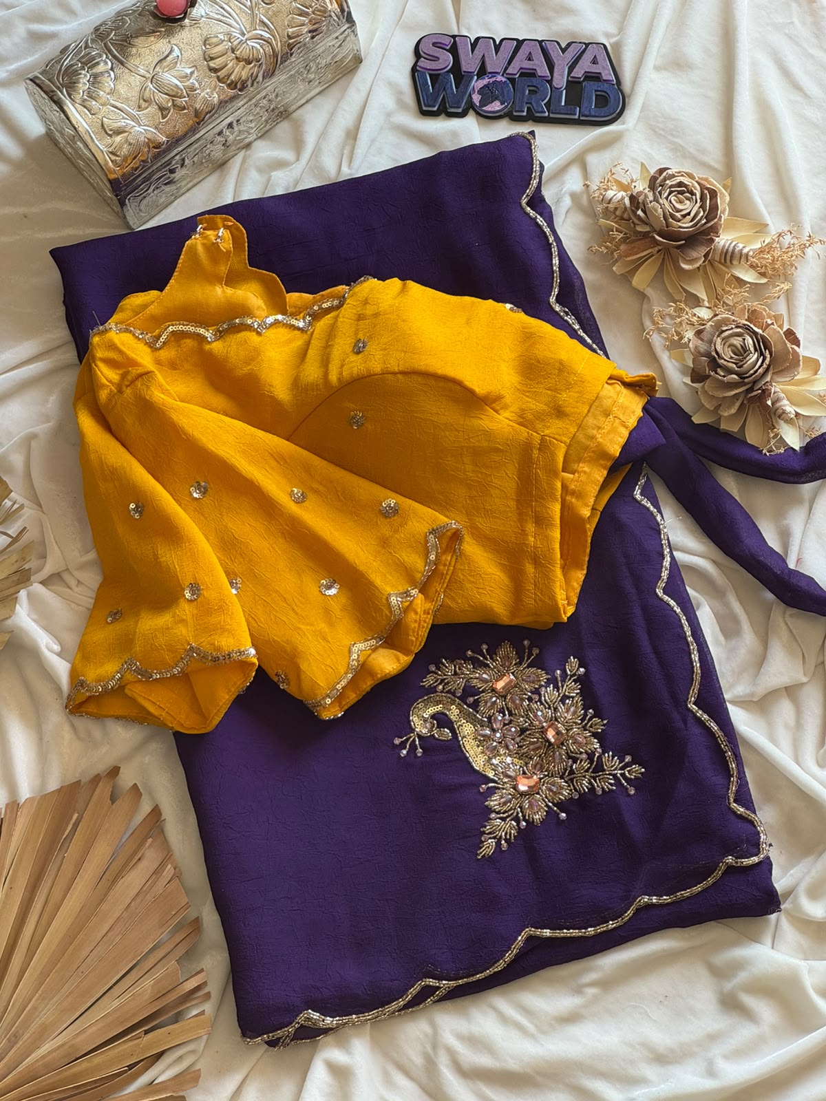 Premium Rangoli Crush Saree with Intricate Handwork – Designer Contrast Blouse Collection