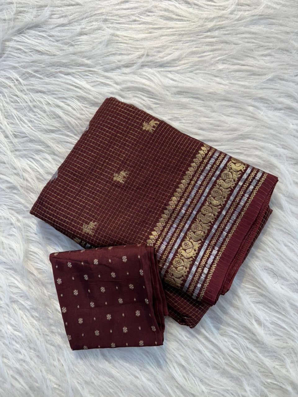 Premium Pure Viscose Chinon Saree with Silver & Gold Butti Weaving – Designer Russian Dola Blouse