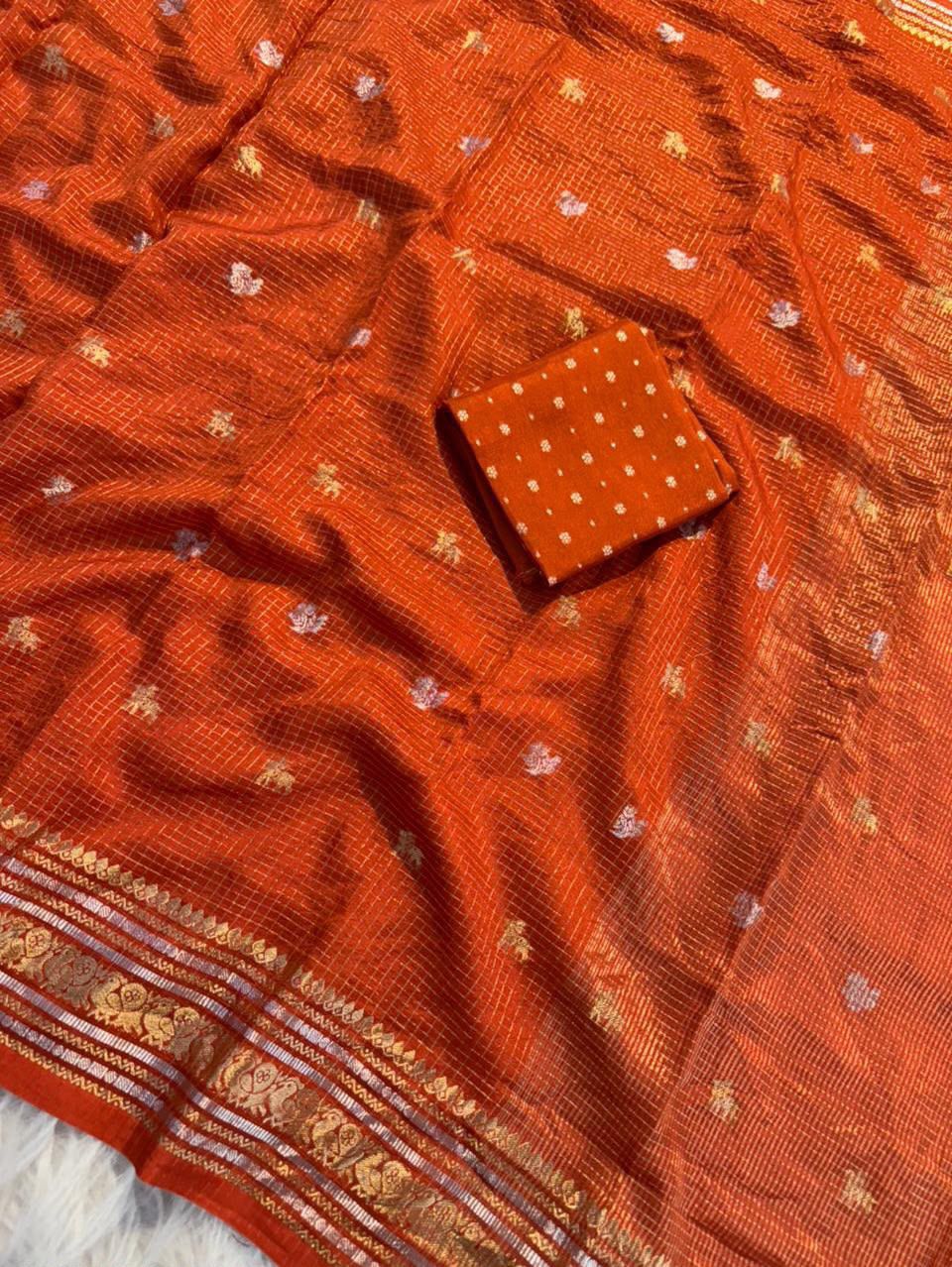 Premium Pure Viscose Chinon Saree with Silver & Gold Butti Weaving – Designer Russian Dola Blouse