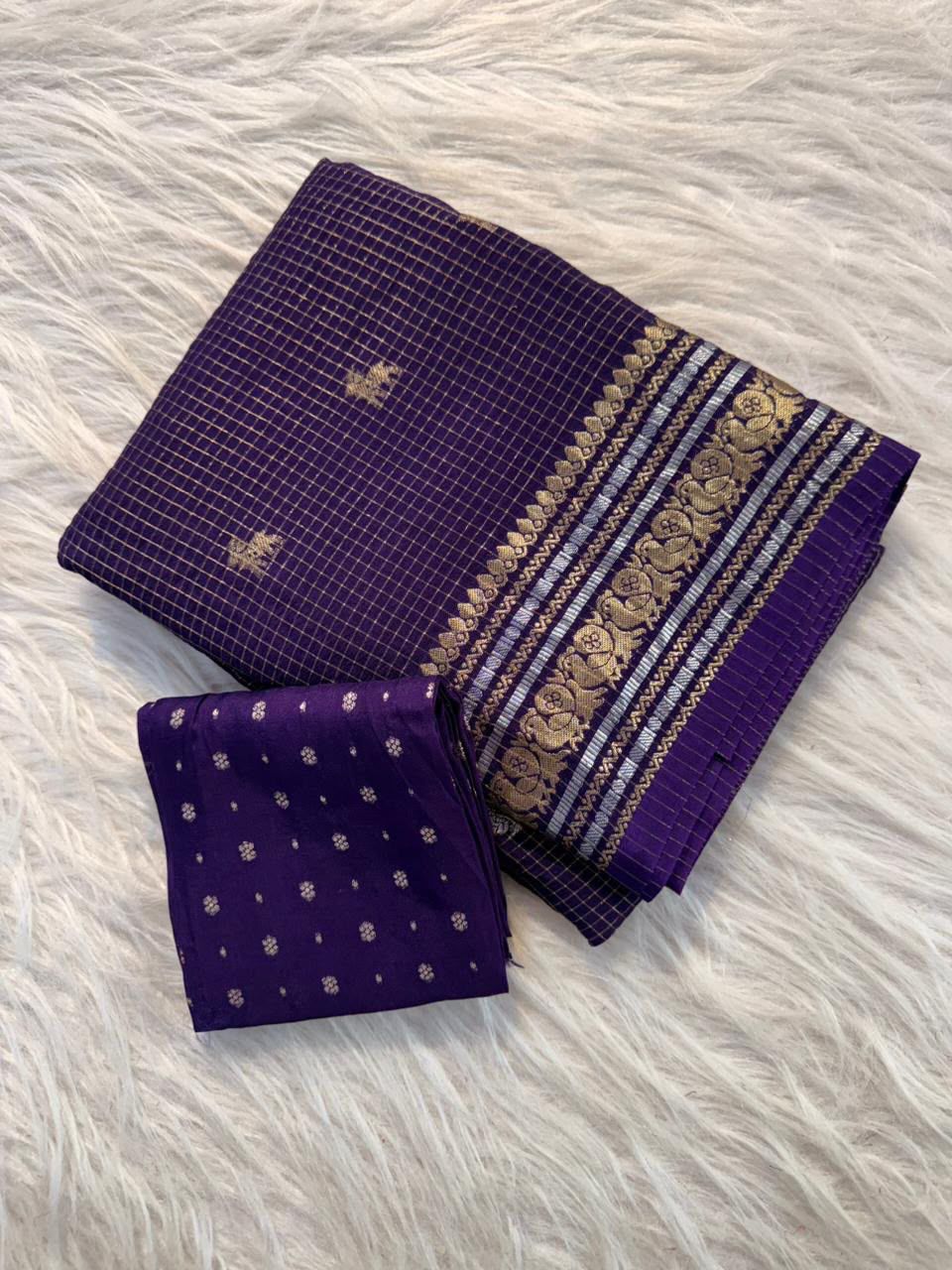Premium Pure Viscose Chinon Saree with Silver & Gold Butti Weaving – Designer Russian Dola Blouse