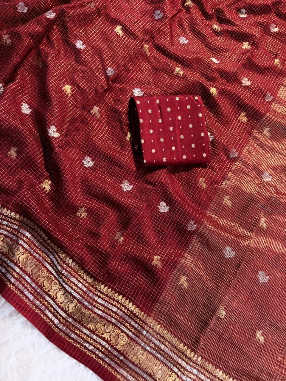 Premium Pure Viscose Chinon Saree with Silver & Gold Butti Weaving – Designer Russian Dola Blouse