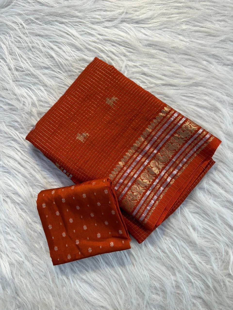 Premium Pure Viscose Chinon Saree with Silver & Gold Butti Weaving – Designer Russian Dola Blouse