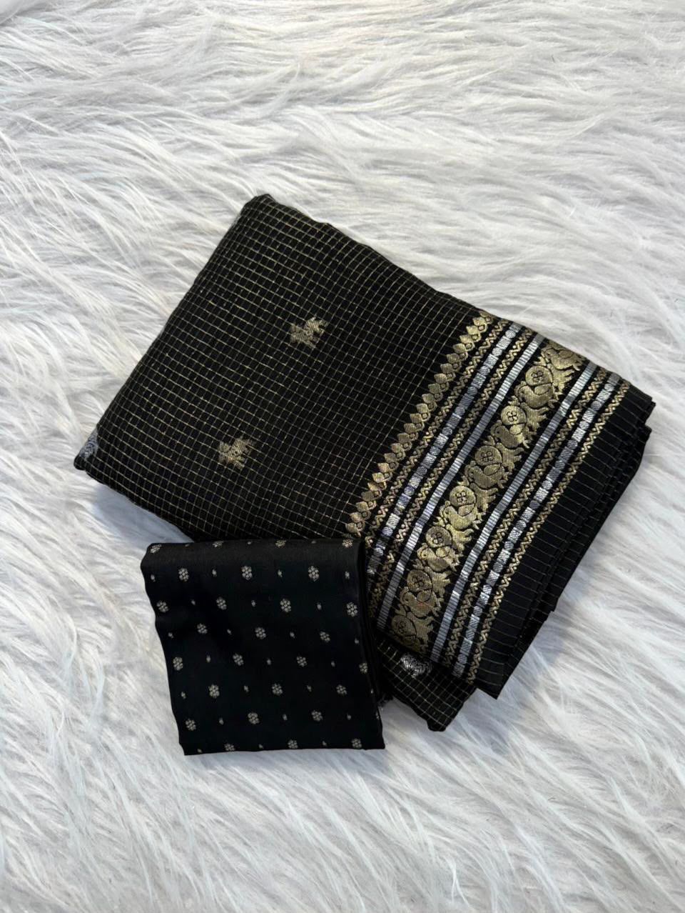 Premium Pure Viscose Chinon Saree with Silver & Gold Butti Weaving – Designer Russian Dola Blouse