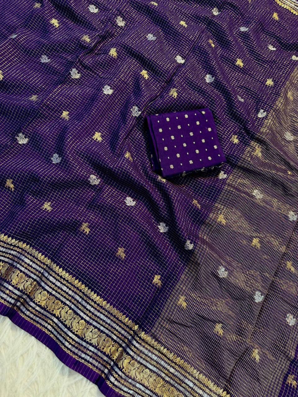 Premium Pure Viscose Chinon Saree with Silver & Gold Butti Weaving – Designer Russian Dola Blouse