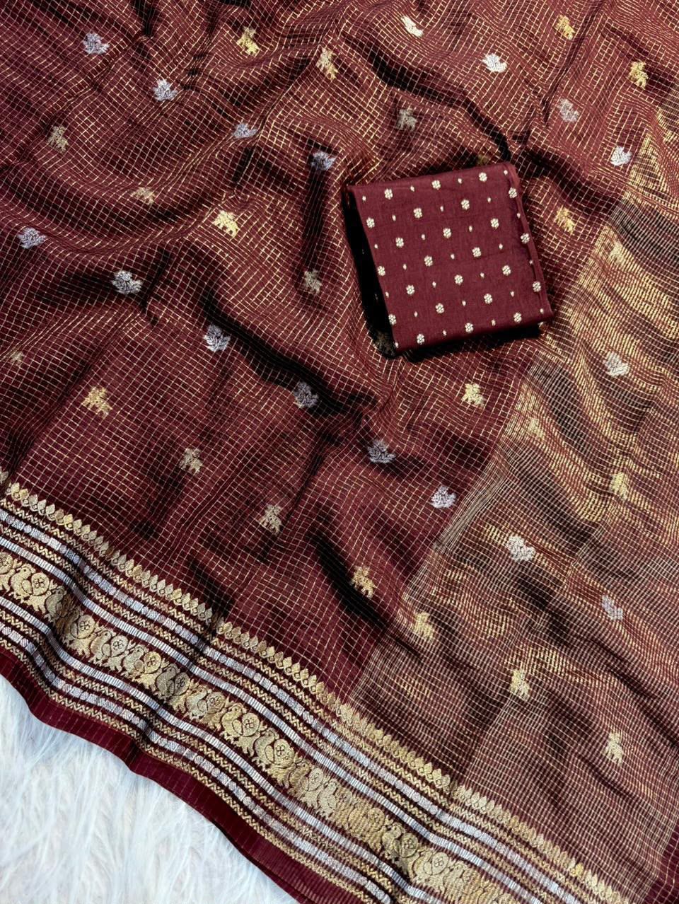 Premium Pure Viscose Chinon Saree with Silver & Gold Butti Weaving – Designer Russian Dola Blouse