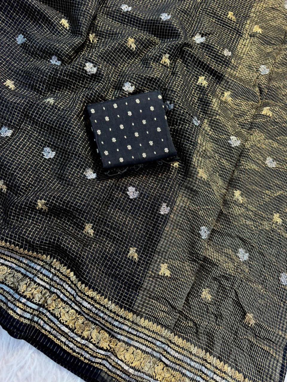 Premium Pure Viscose Chinon Saree with Silver & Gold Butti Weaving – Designer Russian Dola Blouse