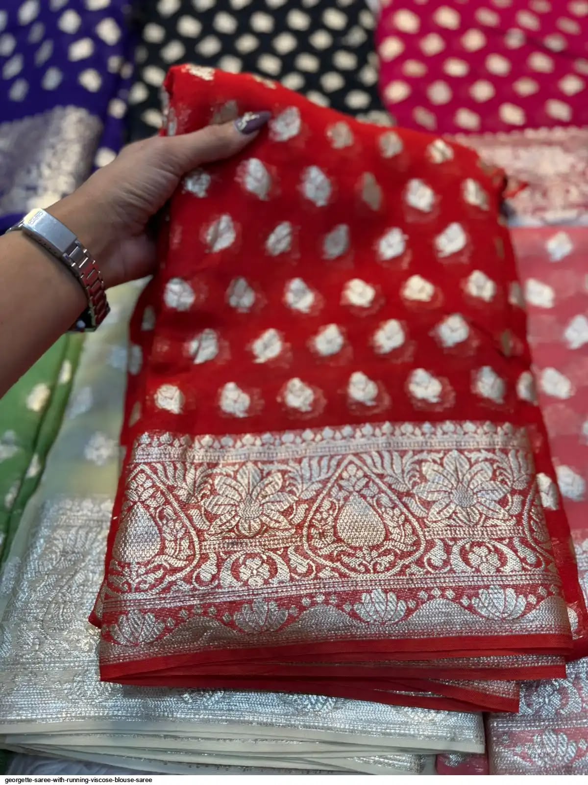 Premium Viscose Georgette Saree with Zari Work – Designer Running Blouse Collection