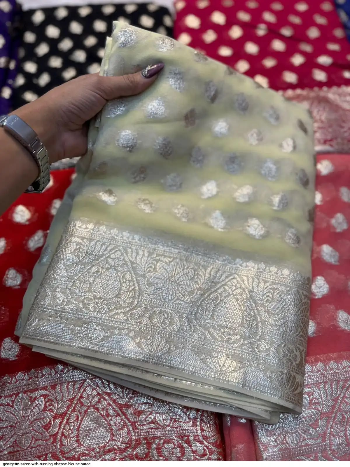 Premium Viscose Georgette Saree with Zari Work – Designer Running Blouse Collection