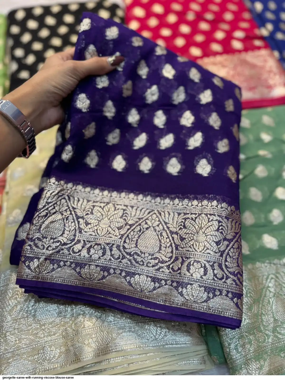 Premium Viscose Georgette Saree with Zari Work – Designer Running Blouse Collection