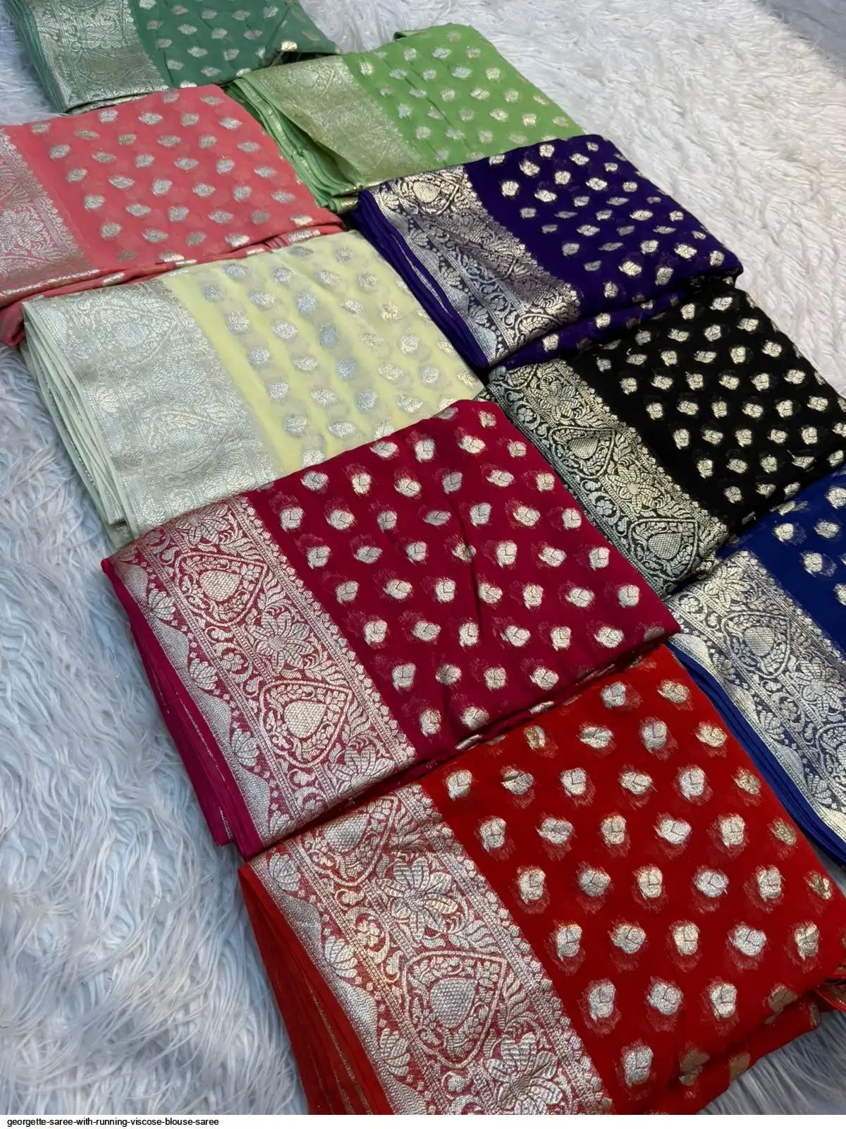 Premium Viscose Georgette Saree with Zari Work – Designer Running Blouse Collection