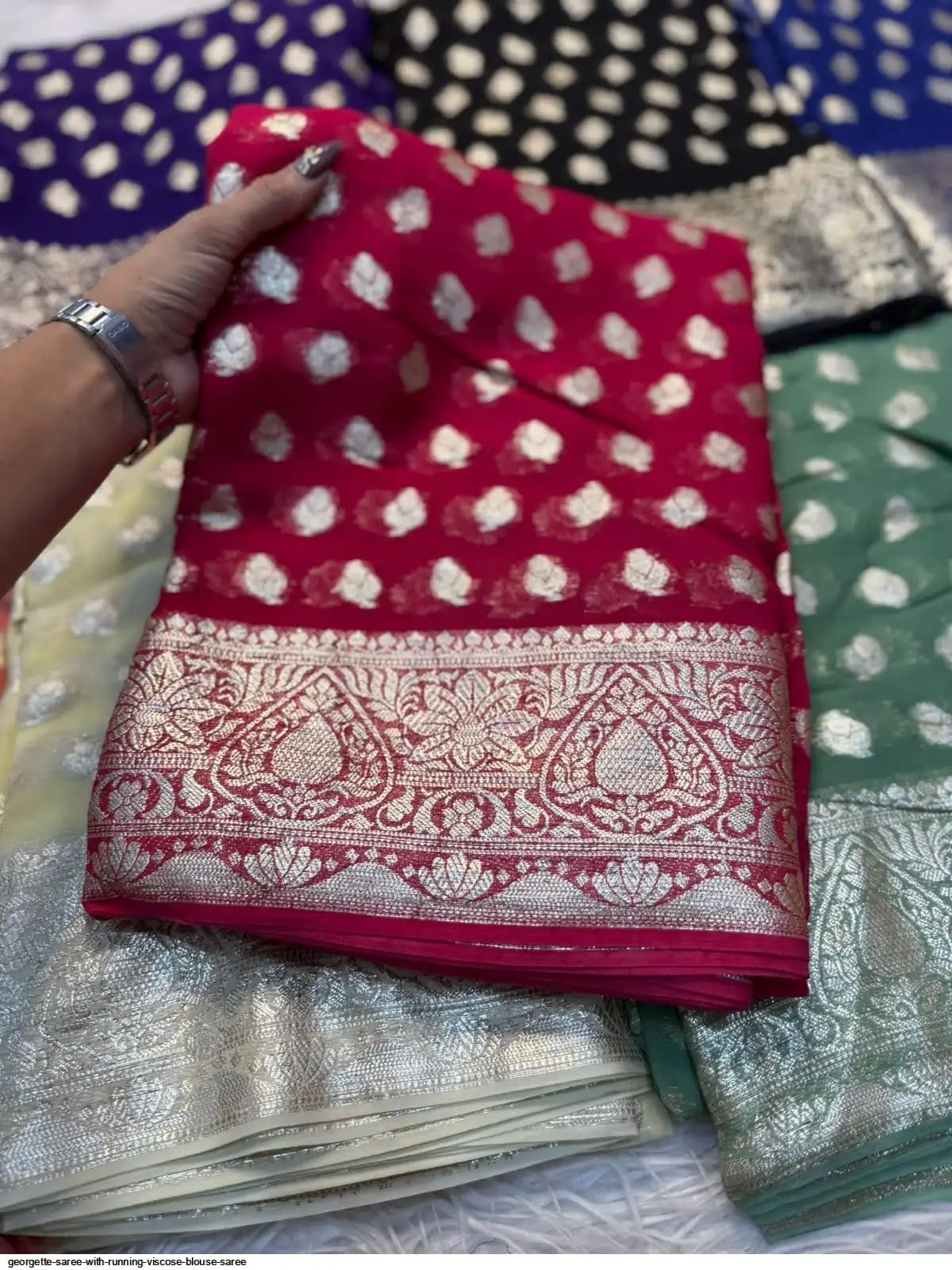Premium Viscose Georgette Saree with Zari Work – Designer Running Blouse Collection