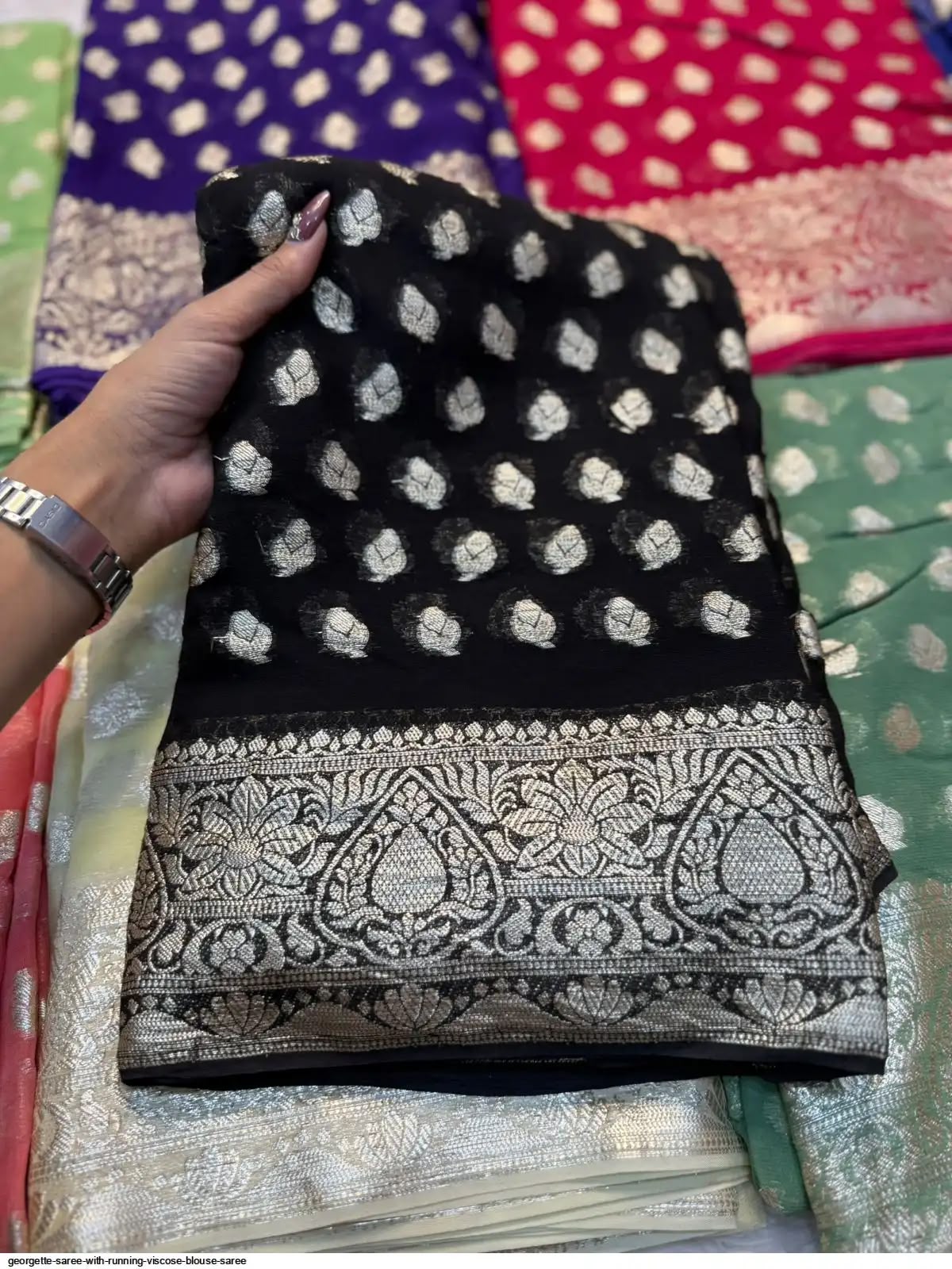 Premium Viscose Georgette Saree with Zari Work – Designer Running Blouse Collection