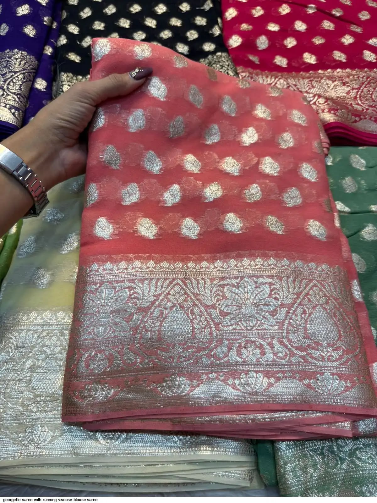 Premium Viscose Georgette Saree with Zari Work – Designer Running Blouse Collection