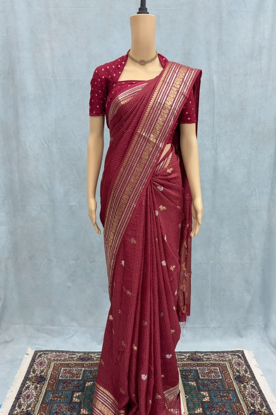 Premium Pure Viscose Chinon Saree with Silver & Gold Butti Weaving – Designer Russian Dola Blouse