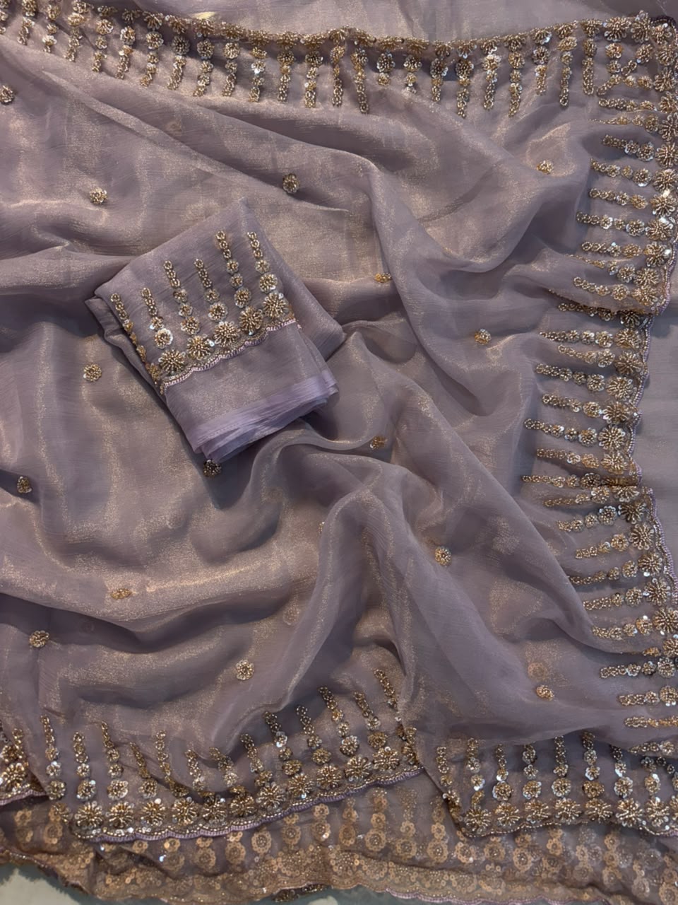 Premium Chiffon Tissue Saree with Beads & Sequence Work – Designer Running Work Blouse