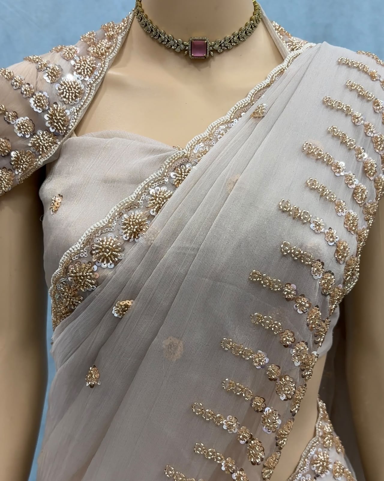 Premium Chiffon Tissue Saree with Beads & Sequence Work – Designer Running Work Blouse