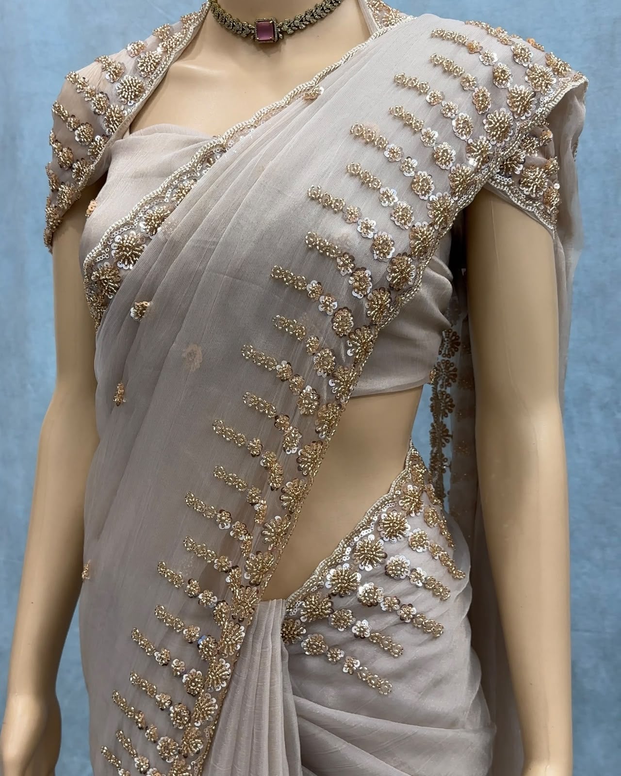 Premium Chiffon Tissue Saree with Beads & Sequence Work – Designer Running Work Blouse