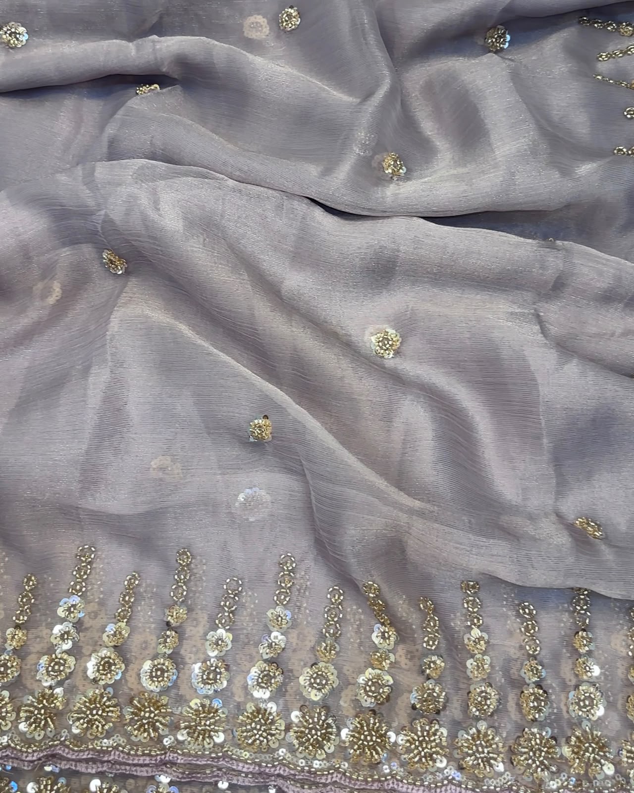 Premium Chiffon Tissue Saree with Beads & Sequence Work – Designer Running Work Blouse