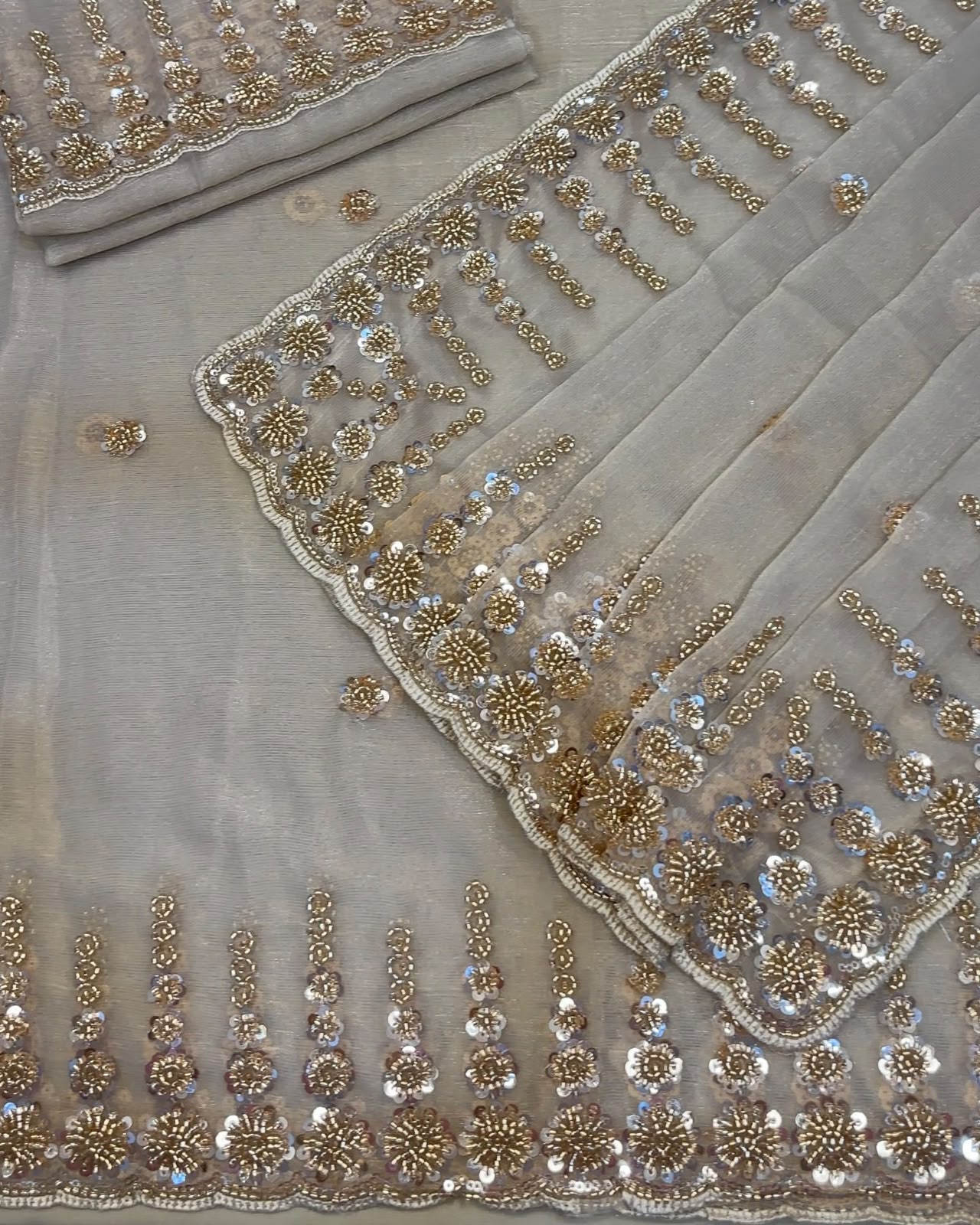 Premium Chiffon Tissue Saree with Beads & Sequence Work – Designer Running Work Blouse