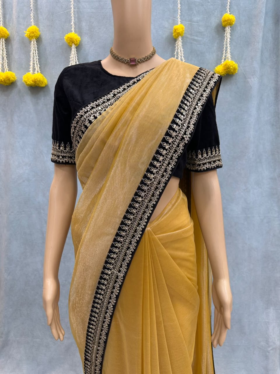 Premium Golden Organza Silk Saree with Heavy Zari & Embroidery Work – Designer Black Taffeta Blouse