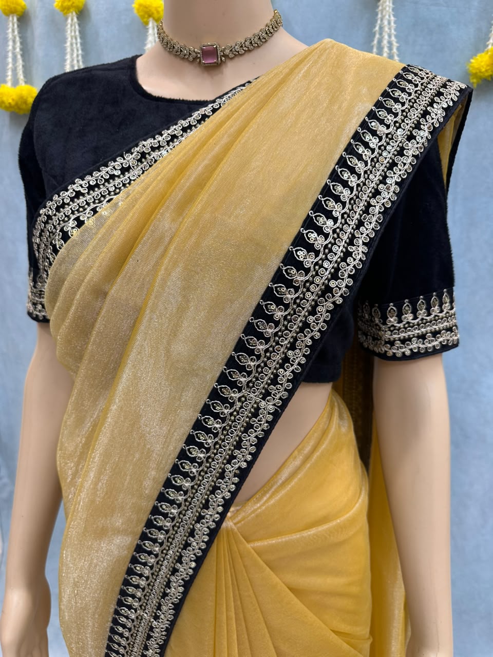 Premium Golden Organza Silk Saree with Heavy Zari & Embroidery Work – Designer Black Taffeta Blouse