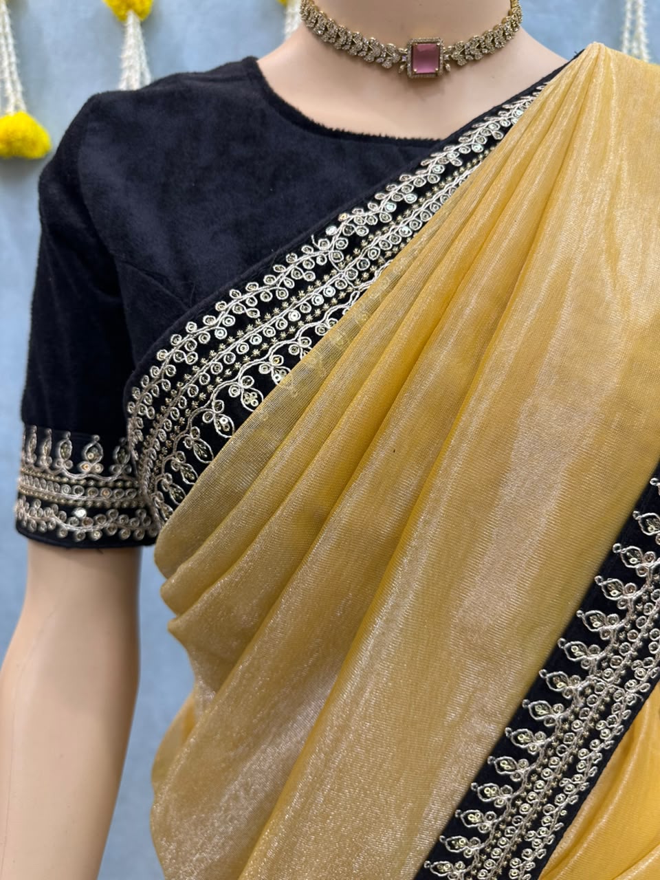 Premium Golden Organza Silk Saree with Heavy Zari & Embroidery Work – Designer Black Taffeta Blouse
