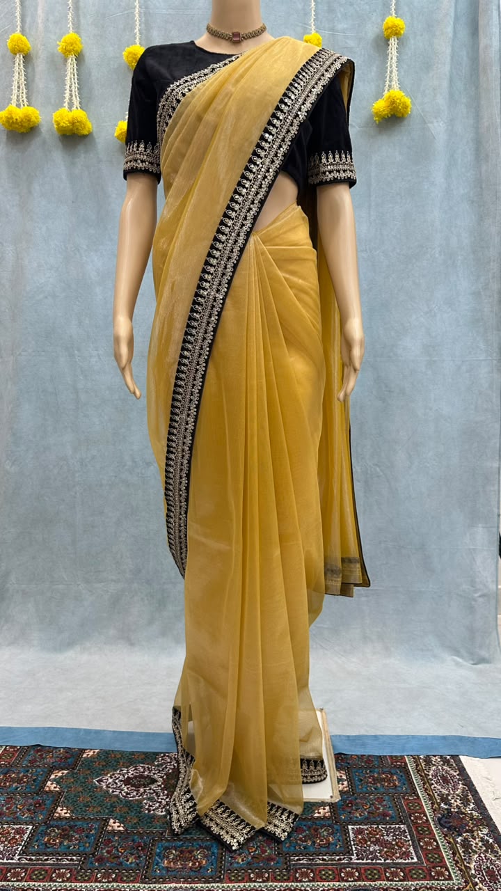 Premium Golden Organza Silk Saree with Heavy Zari & Embroidery Work – Designer Black Taffeta Blouse