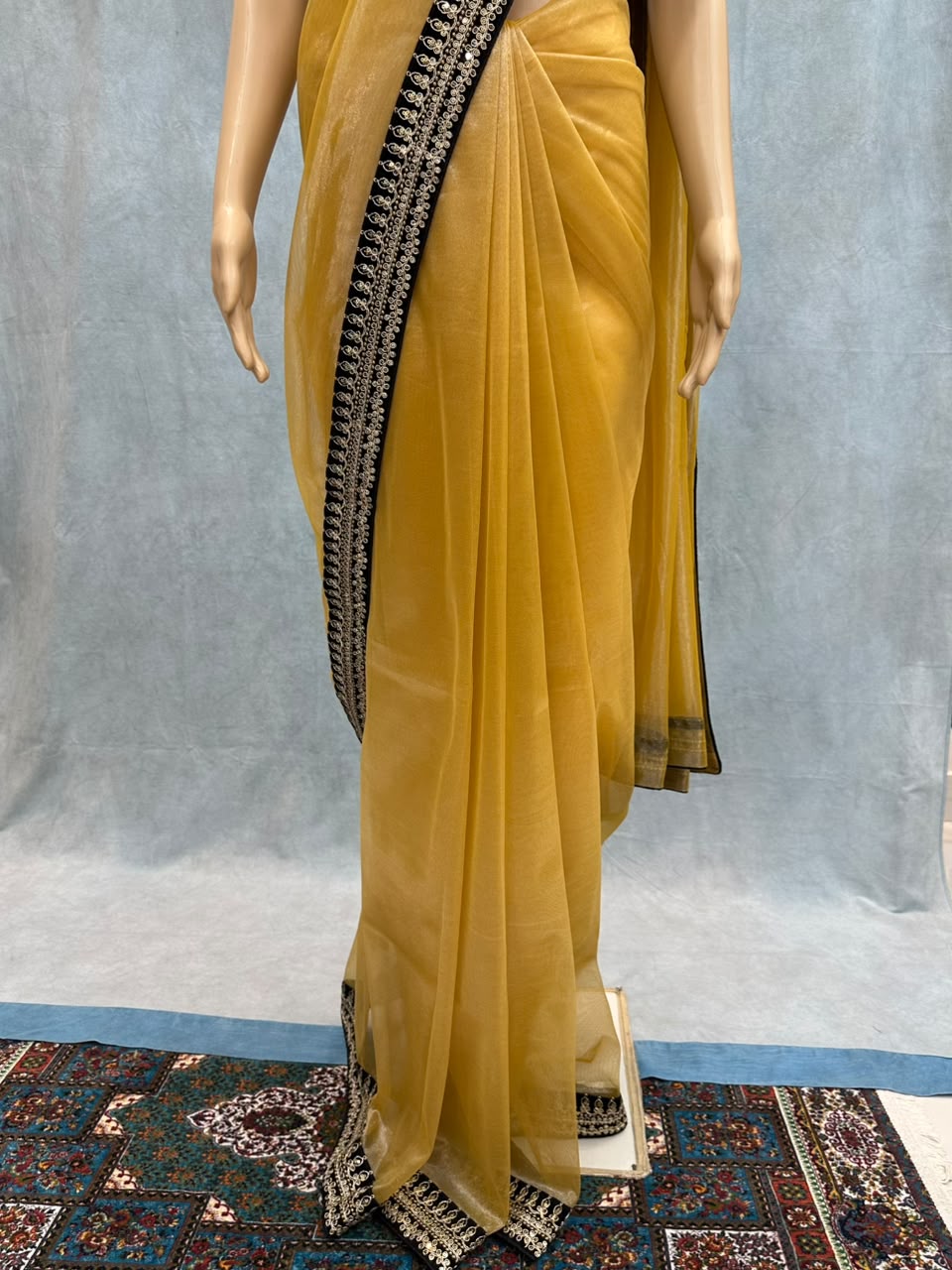 Premium Golden Organza Silk Saree with Heavy Zari & Embroidery Work – Designer Black Taffeta Blouse